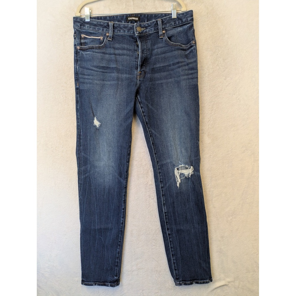 Express Slim Straight‎ Jeans Men's 34x34 Blue Distressed Button Fly Denim
